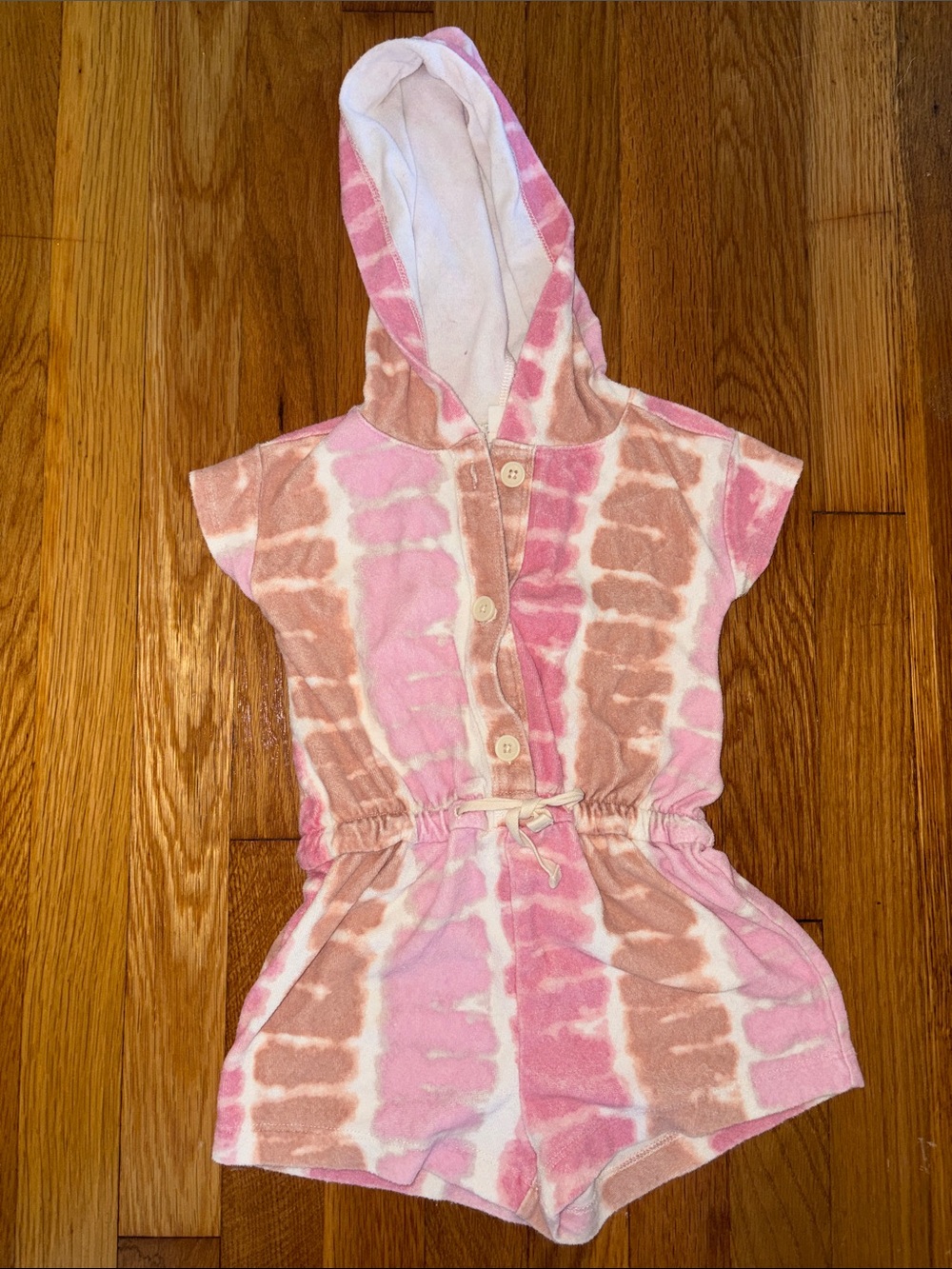 Crewcuts Pink and Tan Tie-Dye Hooded Swim Coverup Romper